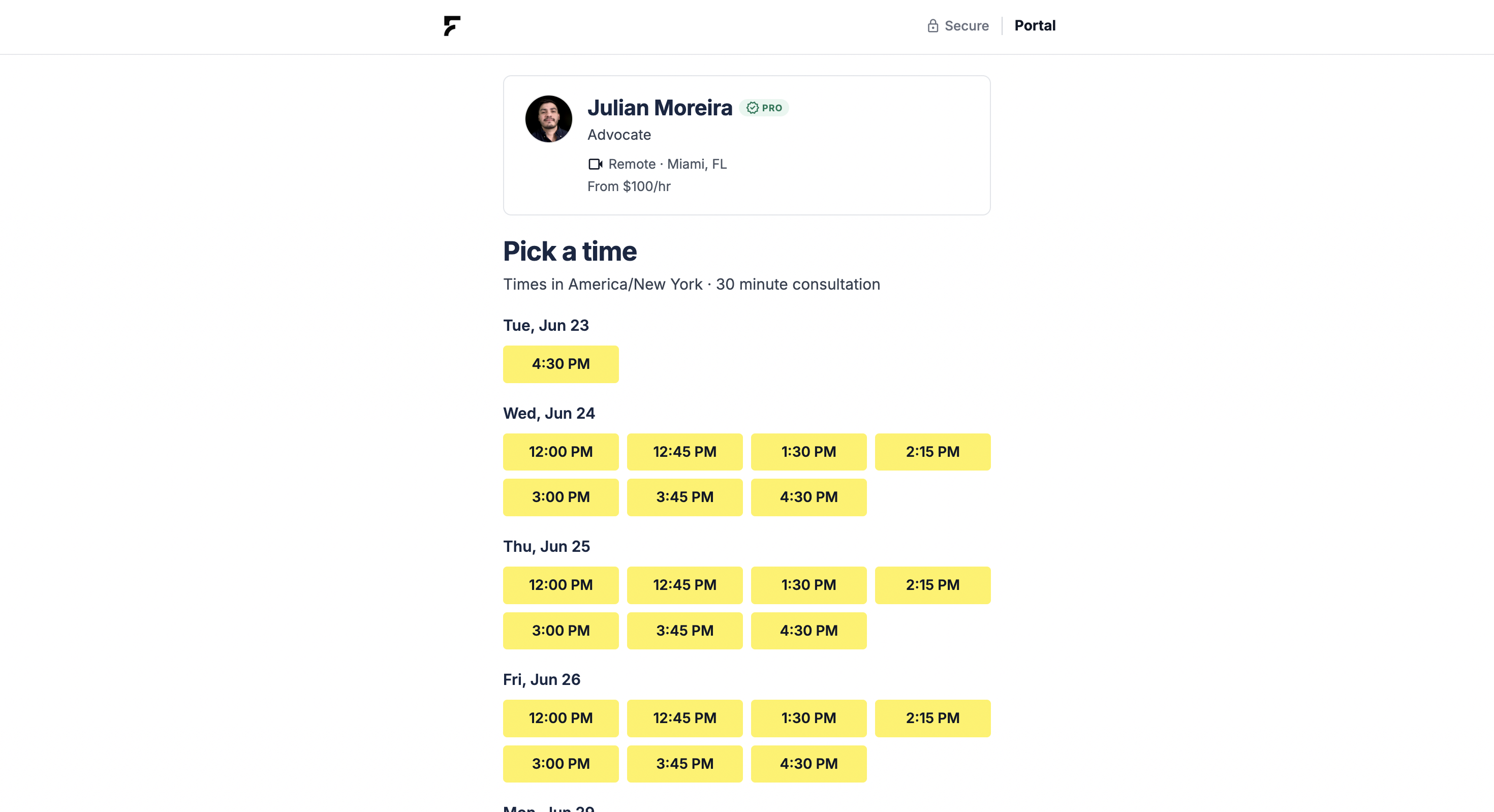 Parent booking screen showing available consultation time slots on an advocate profile