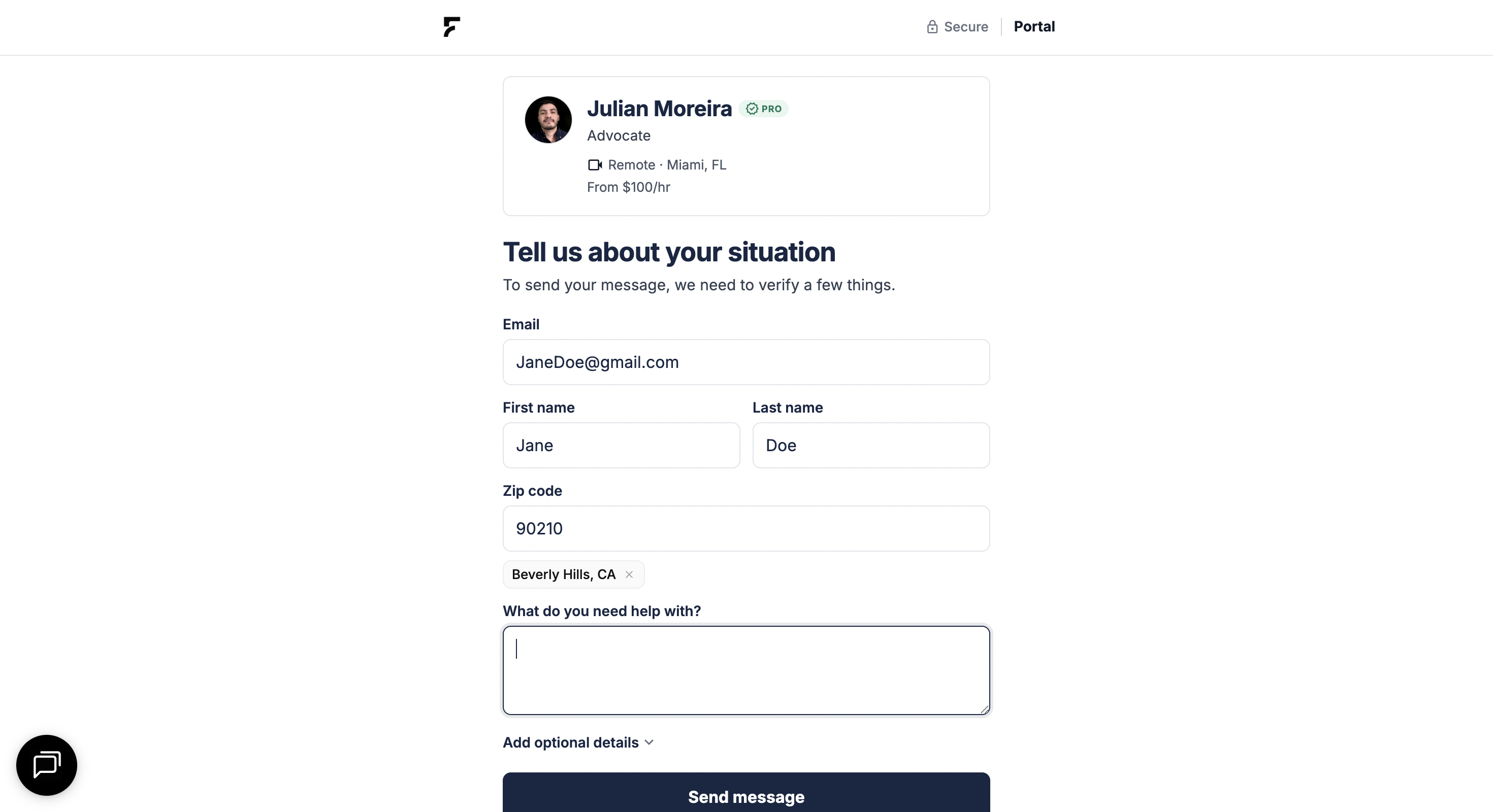 Parent contact form on an advocate profile with name, email, zip code, and message fields